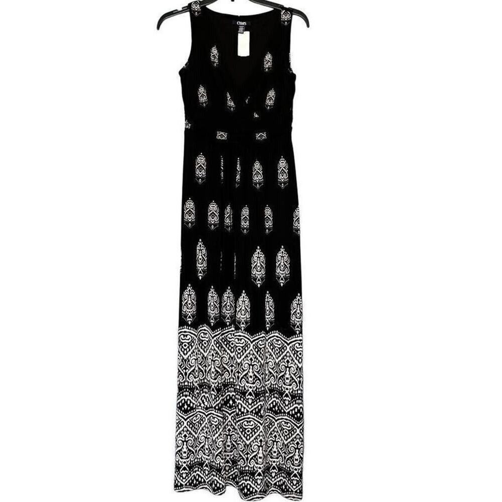 Chaps Womens Black White Geometric Damask V-Neck Empire Waist Maxi Dress XS NWT